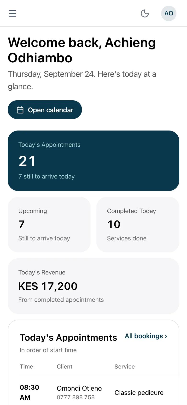 The same booking dashboard on a phone
