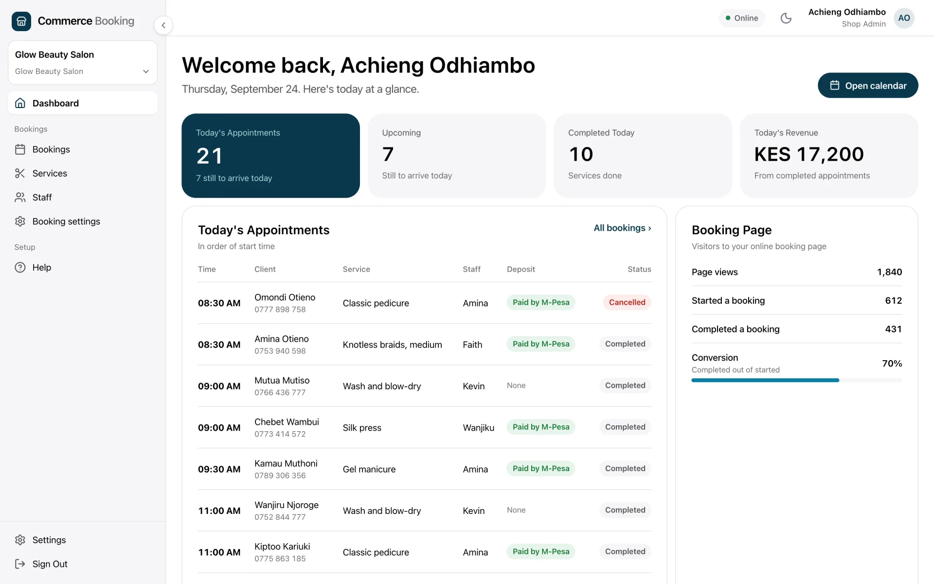 The Commerce Booking dashboard for a Nairobi salon, showing today's appointments, M-Pesa deposits and takings