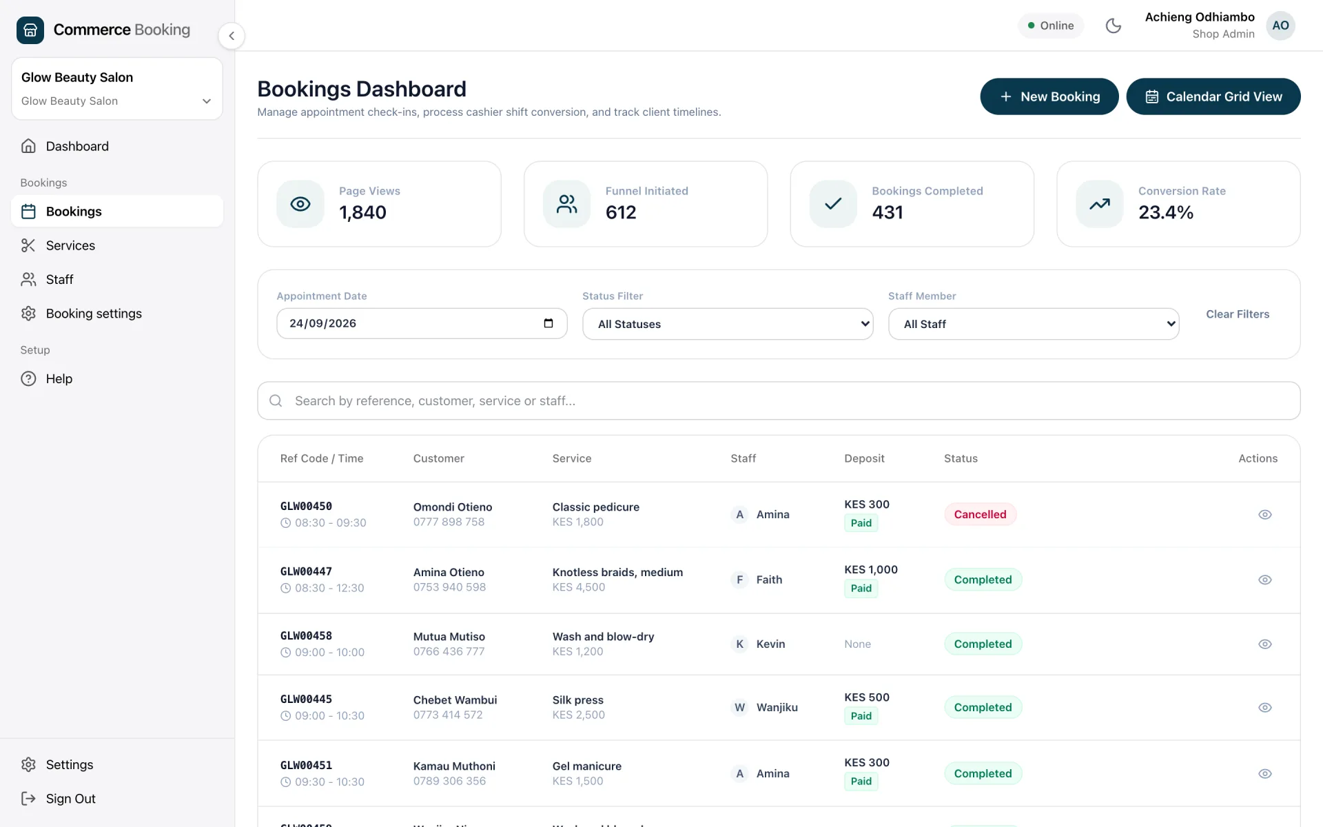 The Commerce Booking appointment list for a salon, with each client's service, stylist, deposit and status