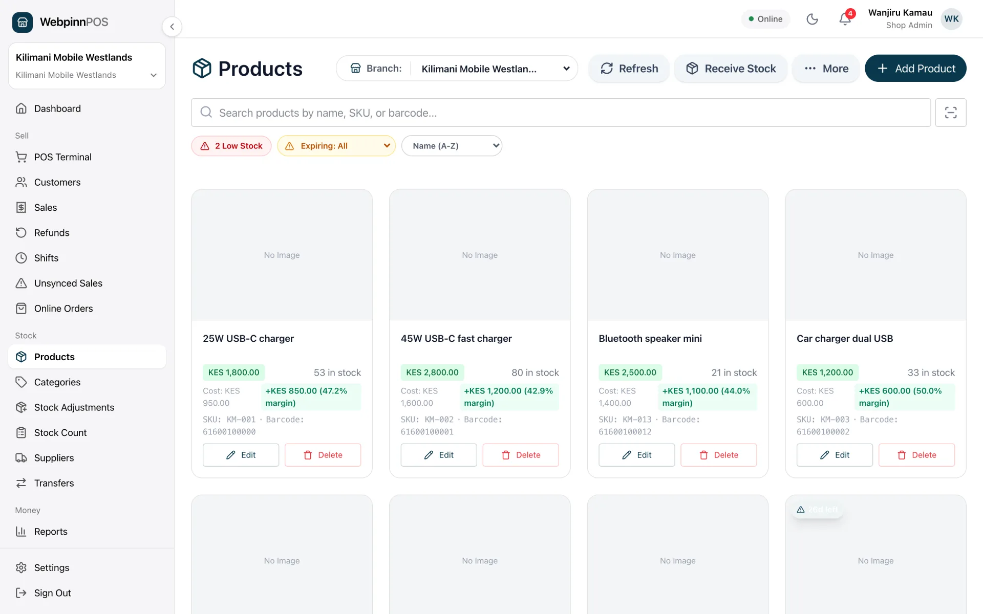 The WebpinnPOS products screen with prices, margins and stock counts for each product